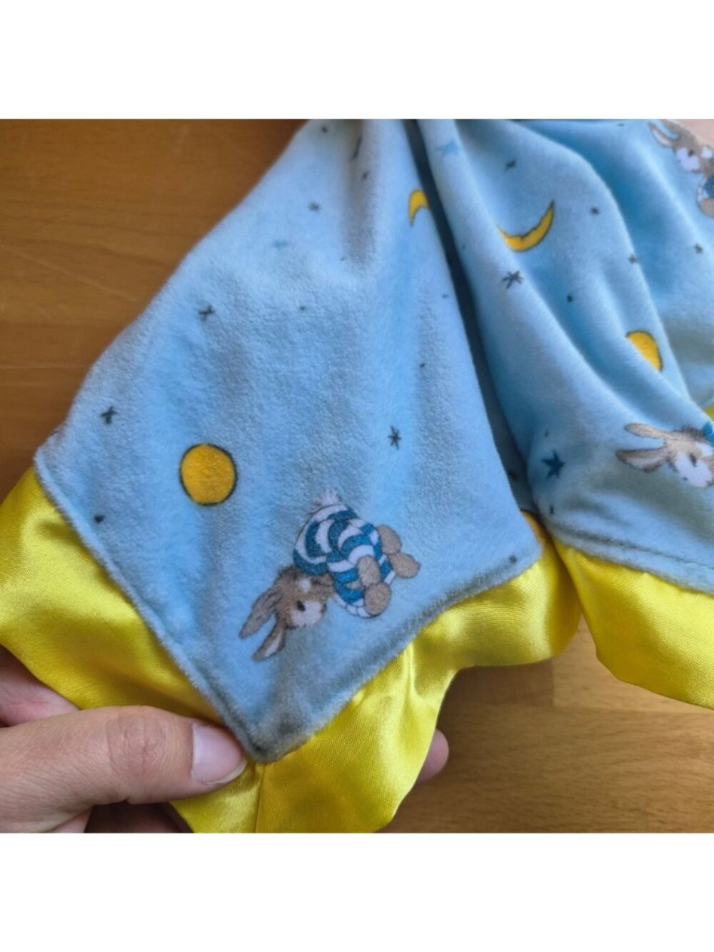 Bunny Plush Lovey Blanket Toy With Moon & Star Print Blue & Yellow Satin Trim - Picture 3 of 4